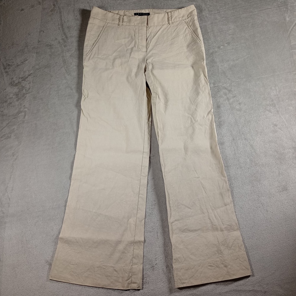 Theory Emery Trousers Womens 6 Beige Wide Leg Linen Blend Office Quiet Luxury